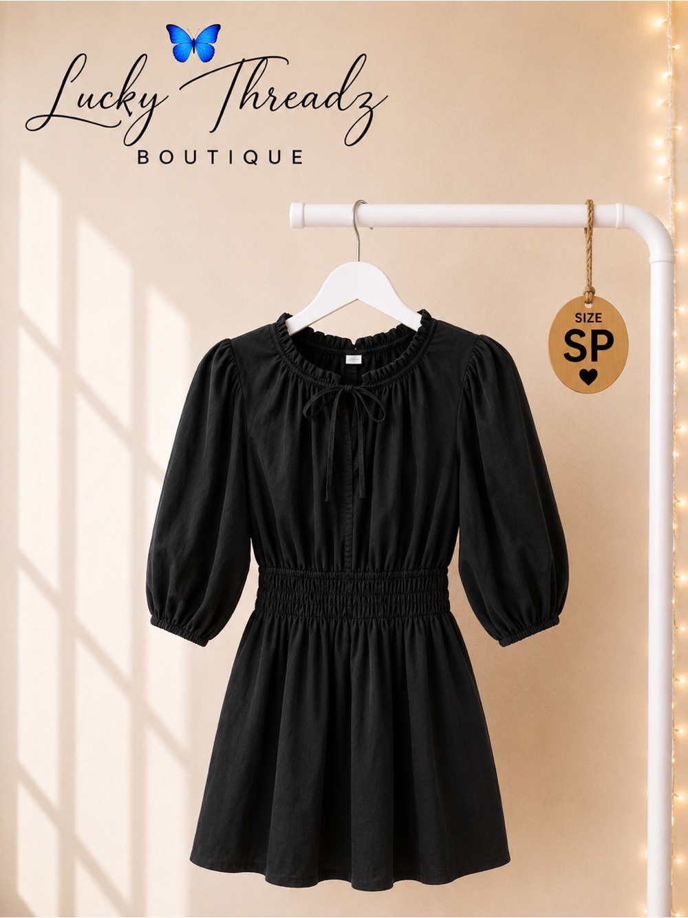 GAP Black Cotton Smocked Mini Dress Puff Sleeve SP
